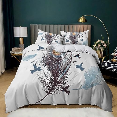 Srigzcaly Sets Housse de Couette 260x240 cm Mode Unique Motif Plumes Et Oiseaux 3D Imprimé Microfibre Literie Parure de avec Fermeture éclair pour Adultes et...