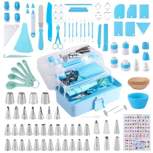 Cake Decorating Kit: Decorating Supplies Tools Kit 208 PCS Baking Accessories Include Spiping Bags and Tips Set, Piping Tips Set, Spatulas, Cake Scraper, 50 Piping Bags, Blue