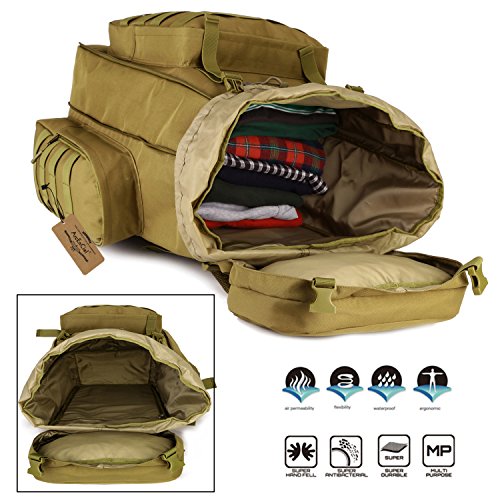 Arcenciel Hiking Daypacks 70-85L Tactical Travel Backpack Molle Rucksack Large Capacity Outdoor Bag For Travelling Trekking Camping Hunting - Rain Cover Included (Coyote Brown) #TOP5