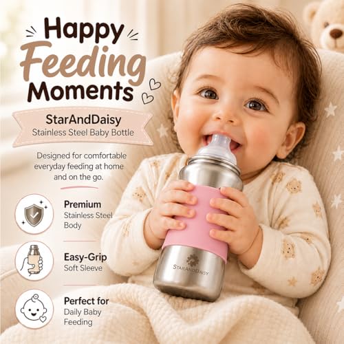 Image of StarAndDaisy Baby Milk Bottle for new Born /Infant /Toddler 140 ML SUS 304 Steel Baby Feeding Bottle for 0+ Months, BPA Free Leakproof, Anti Colic, Easy to Clean -Pink