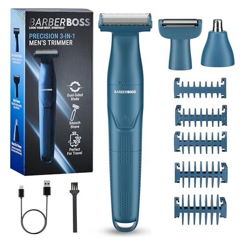 BarberBoss Golarka męska 3 w 1, zestaw do pielęgnacji brody, włosów, nosa, uszu i ciała, precyzyjny trymer dla mężczyzn, bezprzewodowa golarka z ładowaniem USB, wielofunkcyjny trymer męski, QR-2303