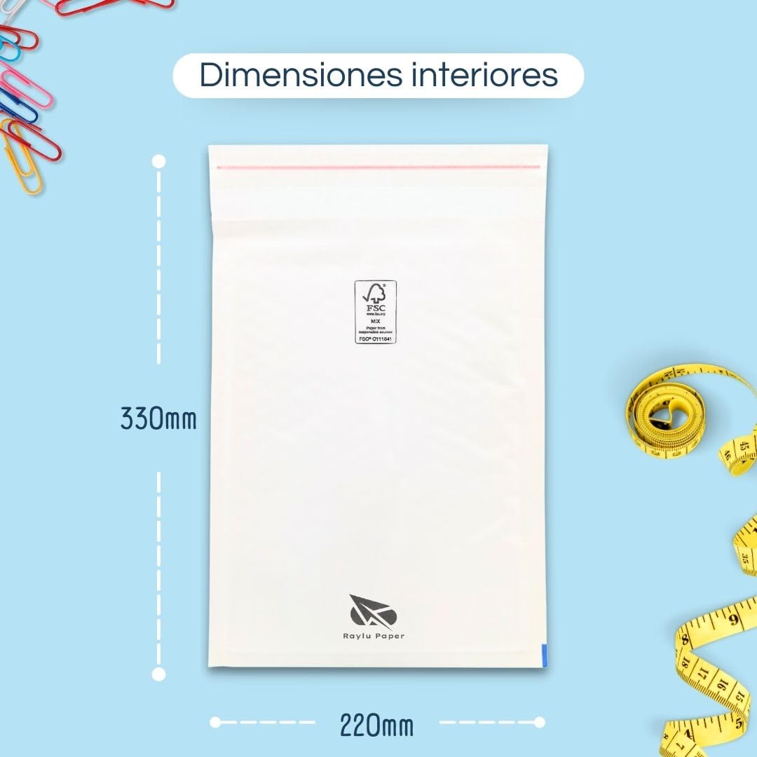 RAYLU PAPER - Pack de 10 Sobres Acolchados de Burbujas Kraft con Cierre Autoadhesivo, Sobres Kraft Acolchados para Envíos color Blanco (220 x 330 mm)