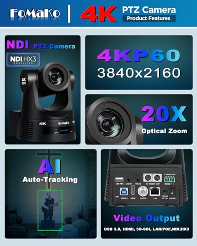 Image of FoMaKo 4K 60fps NDI PTZ Camera Bundle, Supports NDI HX3 4K 60fps Output, 20x Optical Zoom, Gen 3 AI Auto-Tracking, 3G-SDI /HDMI /NDI /USB /PoE, for Church Worship & Live Studio,K600N x3+KC608,BK203