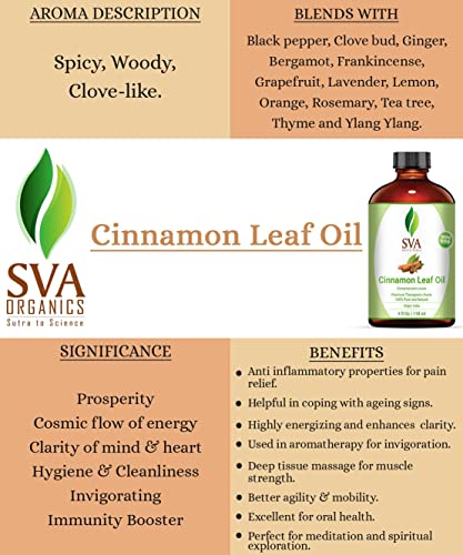 Sva Cinnamon Leaf Essential Oil 4 Oz | Woody, Spicy, Clove Like Aroma| 100% Pure, Natural, Premium Therapeutic Grade For Healthy Body, Massage, Relaxation, Skincare, Hair Care, Diffuser & Aromatherapy #TOP1
