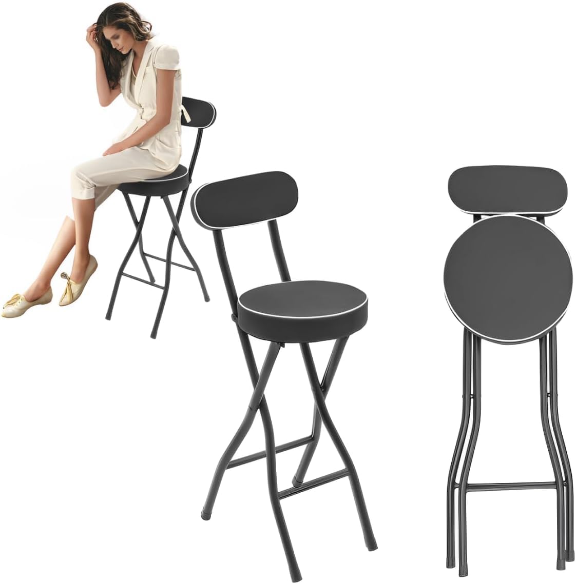 Juego de 2 taburetes plegables de 65 cm, apilables, altura regulable, marco de metal, acolchado, estable, ahorra espacio, para cocina, comedor, jardín, escuela, invitados (negro)
