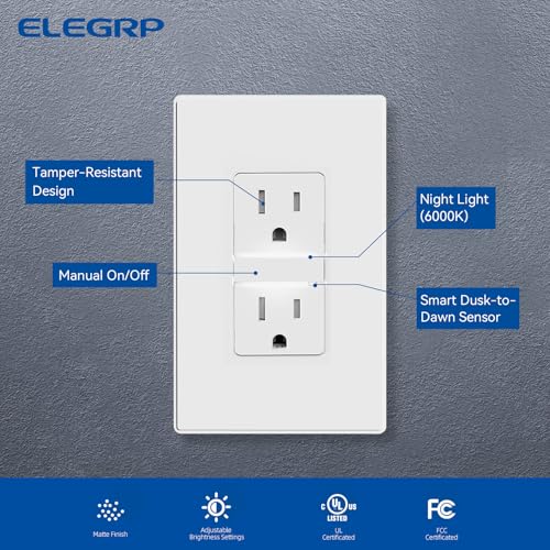 Image of ELEGRP Decorative Outlet Night Light, Electrical Wall Outlets with Built in Led Guidelight 6000K, Tamper Resistant Receptacle, 15 Amp 125 Volt, Plate Cover Included, Matte White, 6 Pack