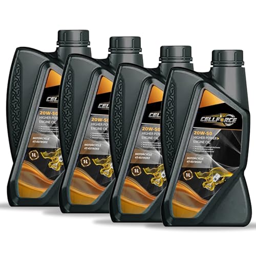 Image of Cellforce 20W50 Synthetic Engine Oil for Bikes, 1L - Premium Motorcycle Oil for Royal Enfield Bullet 350, Bajaj Pulsar, Honda Unicorn, KTM - Smooth Gear Shifting & Heat Protection (Pack 4)