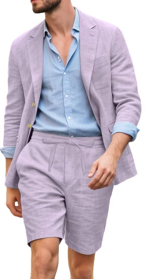 2 Piece Linen Men's Suits Casual Men Suit Summer Beach Wedding Dress Tux Prom Lightweight Blazer Jacket and Shorts Set