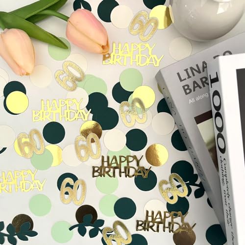 Image of Sage Green 60th Happy Birthday Confetti, 60th Birthday Table Decorations Scatter Green Gold Foil Cake Confetti Decorations for 60 Bday Woman Men Party Decor 230 Pcs