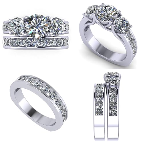 Central Diamond Center Wedding Set Anniversary Set 3 Stone Past Present Future Ring & Band Silver & Zirconia 3.25ctw Size 7 Euro2