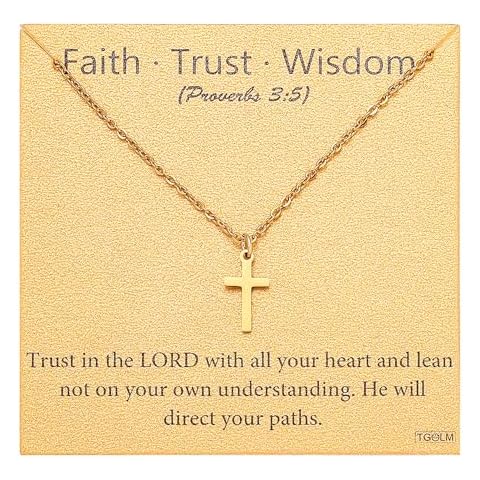 TGOLM Small Gold Cross Necklace for Women Inspirational Quote Proverbs 3:5 Verse Jewelry Encouragement Christian Gift Cover