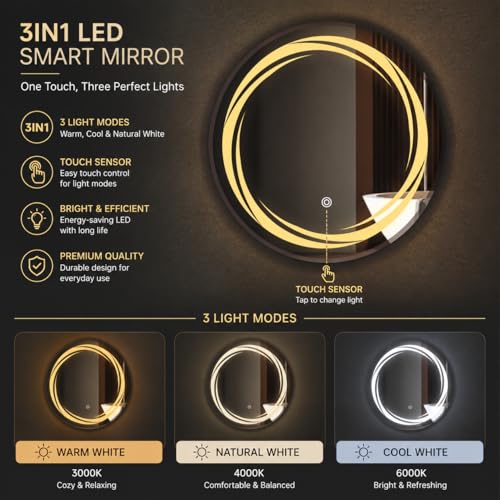 Image of LED Bathroom Wall Mirror with 3 Decorative Lights | Touch Sensor | Warm | Natural and Cool White | for Wash Basin | Bedroom | Dressing Area (Round, 18x18)