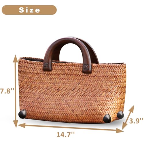Bolso de paja para mujer con asa redonda de madera miniatura 4