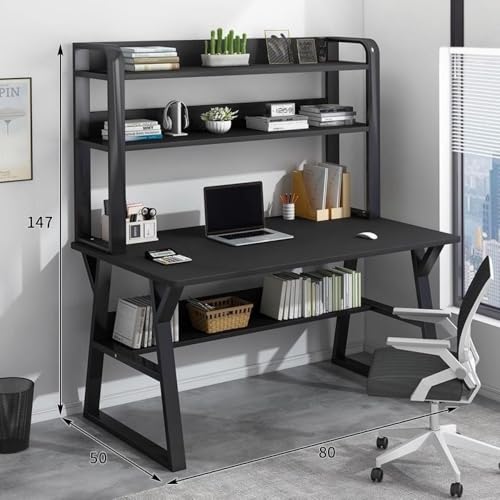 GERRBG 収納スペース付き 学習机 組み立て式デスク 省スペース卓 コンパクト学習机 組み立て簡単 大容量 広い収納 大型デスクトップ 安定性と耐久性 家庭用 勉強机スーツ 学校机 パソコン机 (椅子は付属しません) (ブラック,80*50*147cm