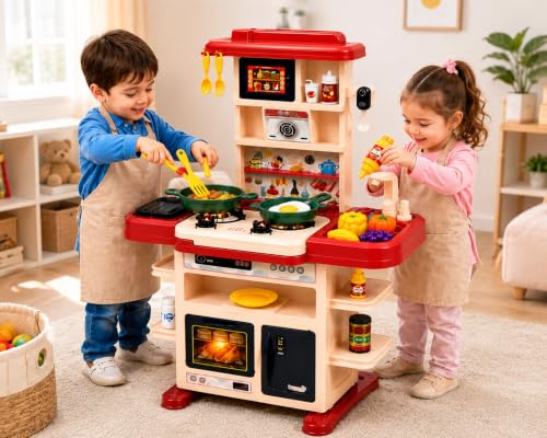 Image of Kids Kitchen Set for Girls & Boys, 43 Pcs Pretend Play Kitchen Set with Working Sink, Light & Sound Stove, Cookware, Fruits & Vegetables, Role Play Toy for Kids Age 3+