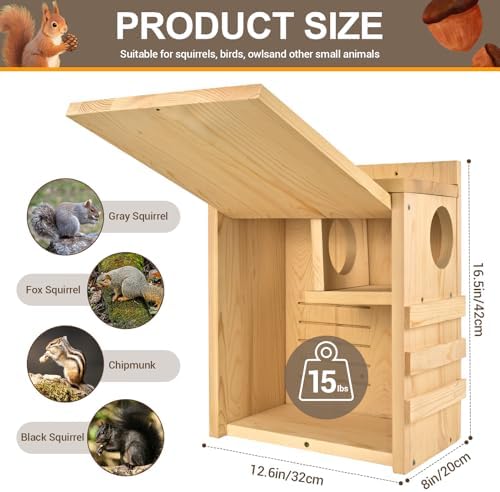 Squirrel House for Outside - Large Wood Squirrel House with Exterior Porch, Wooden Squirrel Nesting Box for Squirrels