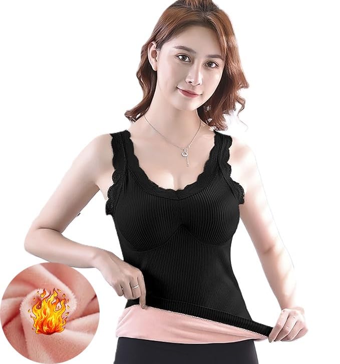 Girls Women Female Large Black Padded Slips Slim Fit Cotton Thermal Fleece Lined Underwear Tops Camisole Top Warm Base Layer Stretchy Body Shaper Vest for Winter