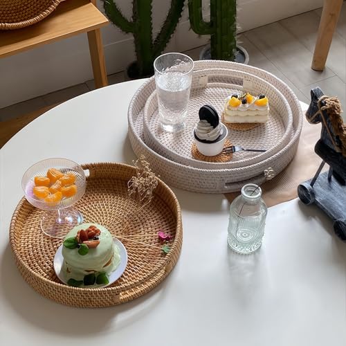 30cm Round Hand-Woven Rattan Tray: Serving Tray with Handles, Wicker Basket, Decorative Home Tray in Whitewash Finish - Image 7