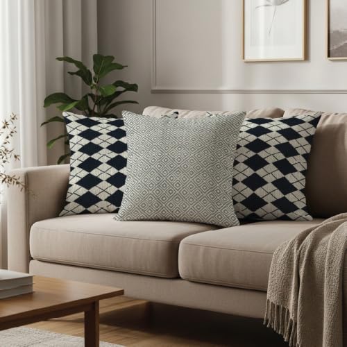 Image of Urban Space Decorative Cotton Cushion Cover Set of 3, 16 Inch X 16 Inch Cushion Covers for Sofa, Bedroom, Living Room (Black Diamond and Grey Diamond, Cushion Cover 40Cm X 40Cm, Set of 3)