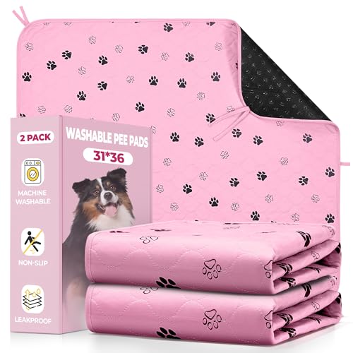 Image of Fostanfly Washable Pee Pads for Dogs, 2 Pack Large 31 inchx36 inch Ultra-Absorbent and Leak-Proof Non-Slip Reusable Potty Training Pads for Dogs, Cats, Puppy, Potty of Add 8 Lanyards, Pink
