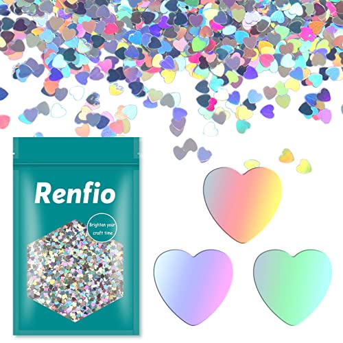 Renfio Confettis holographiques en forme de cœur - Paillettes brillantes en résine scintillantes - Pour bricolage, art, décoration de vacances, 50 g - Argenté laser Cover