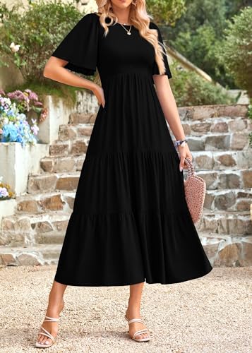 KIRUNDO Womens Fashion 2025 Spring Summer Casual Flutter Short Sleeve Midi Dress Smocked Tiered Aline Going Out Dresses4