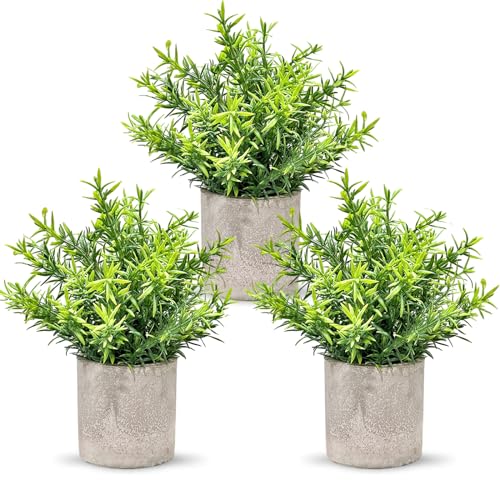 Lovmeety 3 Pack Artificial Potted Rosemary Plants, Small Fake Potted Plants Faux Topiary Shrubs Farmhouse Plants for Home Kitchen Bathroom Shelf Office Desk Decor