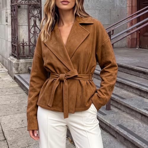 Rianclud Womens Faux Suede Cropped Jackets Lapel Tie Waist Short Coat - image 4