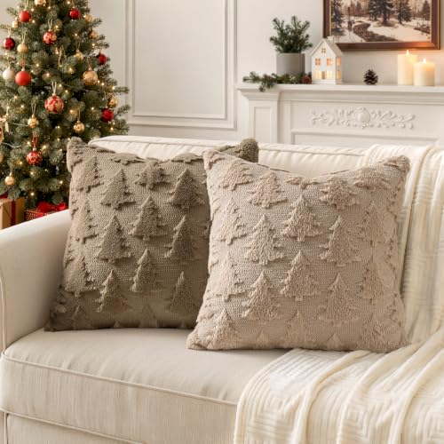 Image of MIULEE Christmas Throw Pillow Covers Light Brown Christmas Decorations Set of 2 Xmas Tree 18x18 Pillow Covers Soft Plush Faux Wool Pillowcases Holiday Festivals Winter Home Decor Sofa Couch Bed Porch