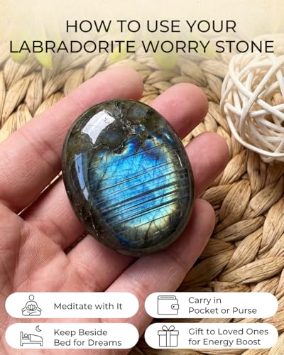 Image of Natural Labradorite Palm Stone - Hand-Polished Oval Worry Stone for Anxiety & Stress Relief - Pocket Healing Crystals for Meditation, Reiki & Intuition - Unique Spiritual Gift for Crystal Collectors