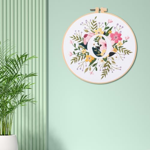 Image of IUHUI Embroidery Kit for Beginners Adults - 26 Floral Letters Easy Patterns, DIY Hand Stitching Embroidery Set with Hoop (Flower and Grass Letter O)