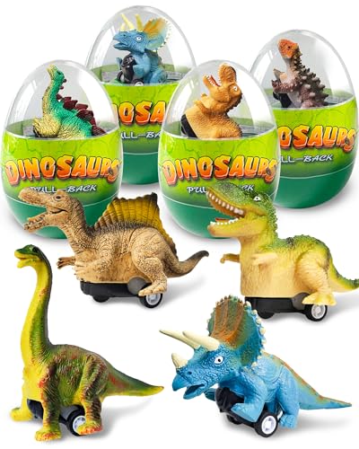 Image of Greingways 4 Pack Dinosaur Pull Back Cars Prefilled Plastic Easter Eggs with Toys Inside Filled, Toddler Easter Basket Stuffers Egg Fillers Montessori Toys Easter Gifts for Kids Boys Girls