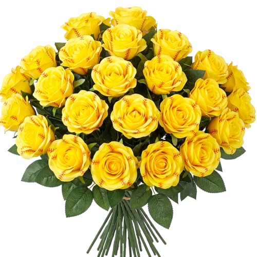 Hotop 24 Pcs Bloom Softtball Roses with Leaves Artificial Yellow Rose Bouquet for Softball Team Senior Fans Coach Gift Sports Theme Graduation Wedding Party Decoration