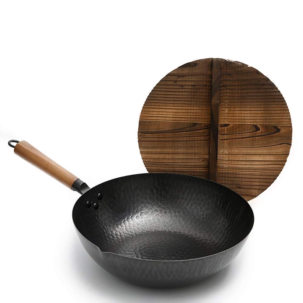 Pre-Seasoned Cast Traditional Hand Hammered Iron Wok with Wooden Cooking Pots with Lid (12.5in, Black)