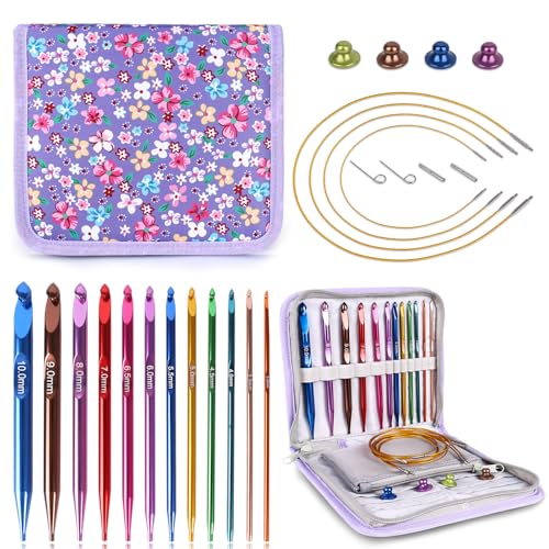 Reessy Interchangeable Tunisian Crochet Hooks Set 12 Sizes (3.010mm) Aluminum Crochet Hooks with 4 Cables Accessories & Floral Storage Bag Detachable Afghan Crochet Hook Kit