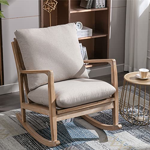 Bonzy Home Mid Century Modern Rocking Accent Chair, Comfy Fabric Reading Armchair With Solid Wood Frame & Removable Cushions, Upholstered Glider Rocker Chair For Nursery Living Room Bedroom, Beige #TOP26