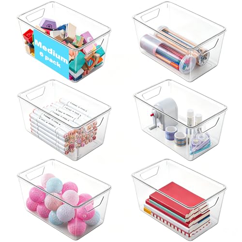 Image of 6 Pack Medium Clear Storage Bins with Lids, Acrylic Arts and Craft Storage Containers, Stackable Clear Plastic Craft Storage Bins with Handles for Pantry Organizers and Storage, Kitchen, Fridge,Office