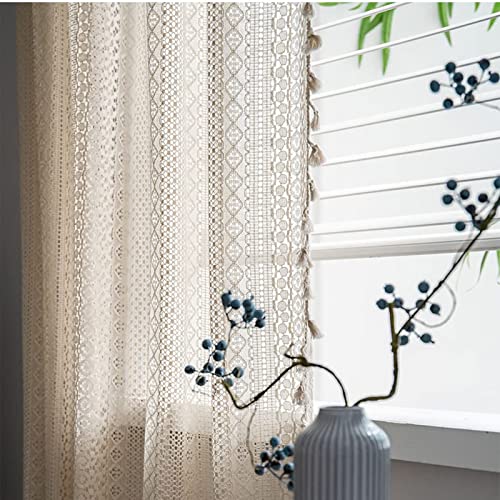 Gyihoong Boho Sheer Curtains, Macrame Lace Semi-Sheer Crochet Curtains & Drapes, 1 Panel 63 Inch Long Vintage Tassels Windows Curtains Panels For Bedroom Living Room (59" X 63" Beige) #TOP3