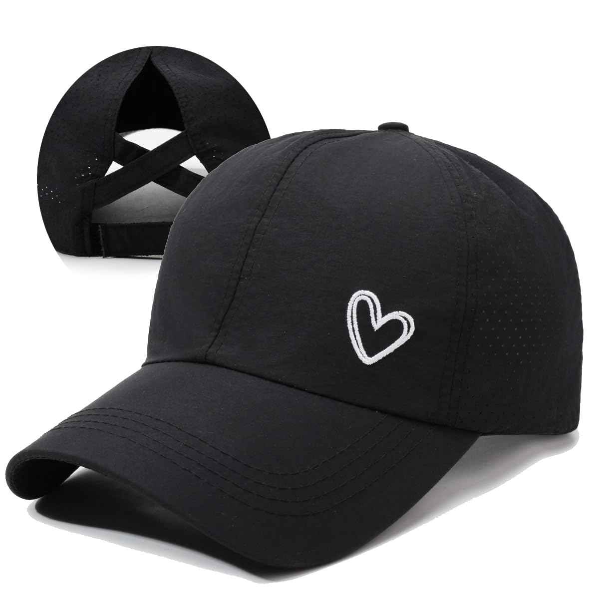 Bonvince Womens Criss Cross Ponytail Hat Quick Drying Baseball Cap Sun Hats UV Protection Sport Hat with Heart Black