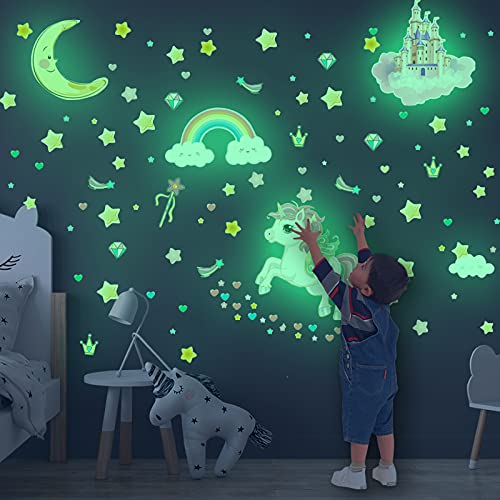 Glow in The Dark Stars and Unicorn Wall Decals, Glowing Castle Moon and Rainbow Stickers, 174 pcs Luminous Ceiling Decor for Kids Bedroom, Great Wall...