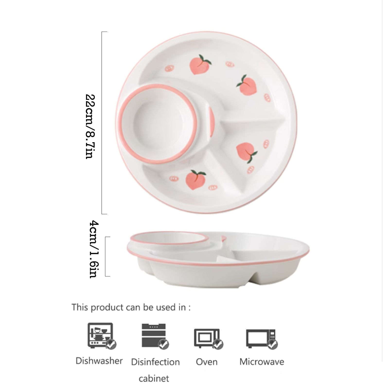 Assiettes à dîner divisées, assiette de contrôle du régime, assiettes, des portions, for adultes, petit-déjeuner-pêche-assiette pêche(Plate)