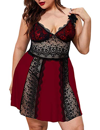 XAKALAKA Women Plus Size Lace Mesh Babydoll Lingerie Sleepwear Chemise Nightgown Wine 3X-Large