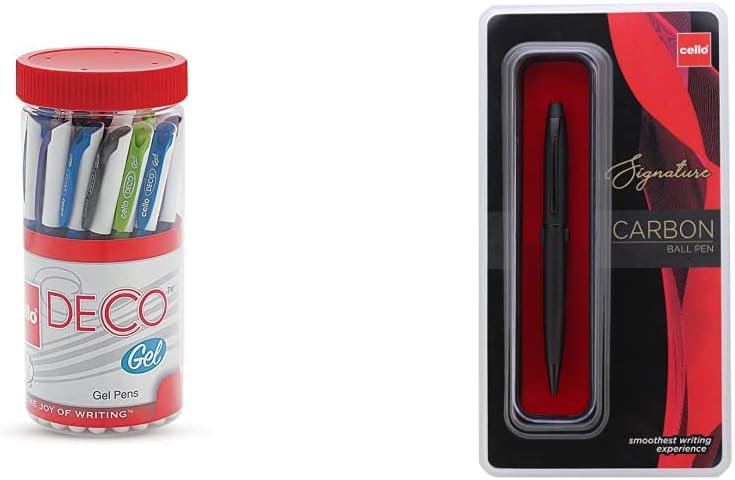 Cello Deco Gel Pen (25 Pens Jar - Blue) | Waterproof Gel Pen Ink For Smudge Free & Smooth Writing Signature Carbon Ball Pen - Blue | Classy Matte Black Finish Ball Pen | Premium Metal Pen For