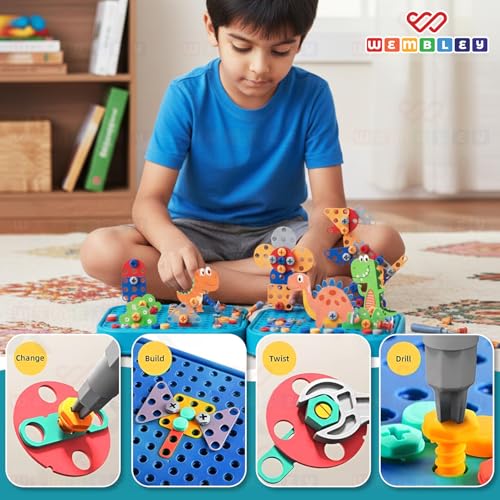 Image of Wembley Electric Drill Screw Puzzle Set| Creative Dinosaur Themed Art Puzzle for Kids| 351 Pieces with Electric Screwdriver| 2D & 3D Building Block Kit| STEM Educational Activity Set for Boys & Girls