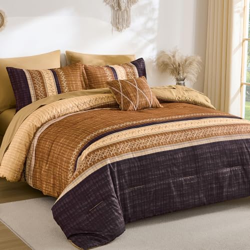 Image of Dintszyayue Boho King Comforter Size Set, 8 Pieces Striped Texture Gold Purple Bed in a Bag Sets, Lightweight Soft Bohemian Comforter and Sheet Set, All Season Microfiber Bedding Sets for Men Women