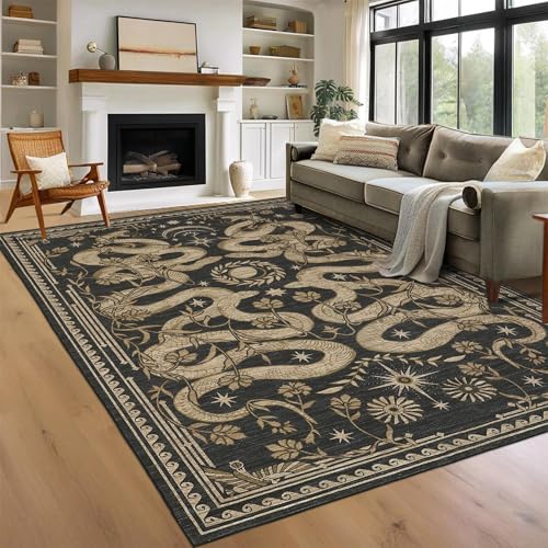 Snake 8 x 10 Rug for Living Room Washable Non Slip Forest Soft Low-Pile Stain Resistant Thin Large Throw Carpet for Bedroom Dining Room Office Dark Grey