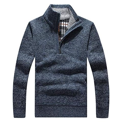 Les umes Men's Half Zip Jumper Plaid Fleece Lined Knit Turtleneck Sweater Top Long Sleeve Stand Collar Pullover Blue XL Cover