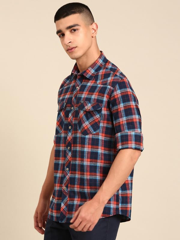 Image of Cavallo by Linen Club Men's Blended Linen Checked Contemporary Fit Full Sleeve Casual Shirt