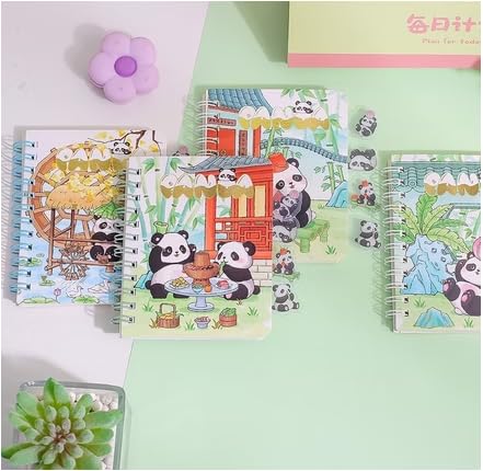 Image of Korean Stationery Mini Transparent 3-Hole Binder Spiral Diary Notebook - Cute Kawaii Portable Journal Notebook Agenda for Girls & Students (80+ Pages) (panda backyard c)