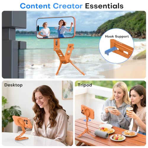 Image of OMOTON TP03 [Ultra-Slim] for MagSafe Tripod, 360 Rotating Magnetic Phone Tripod for iPhone 17 /16 Pro Max Air Women Men, Fold Cell Phone Stand with 1 /4 inch Screw & Hook Fits Vlog, Live, Travel, Orange